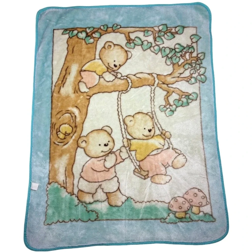3 Bears Tree Swing‎ Plush Baby Blanket Blue Green Soft 44x50 Mushrooms Unisex